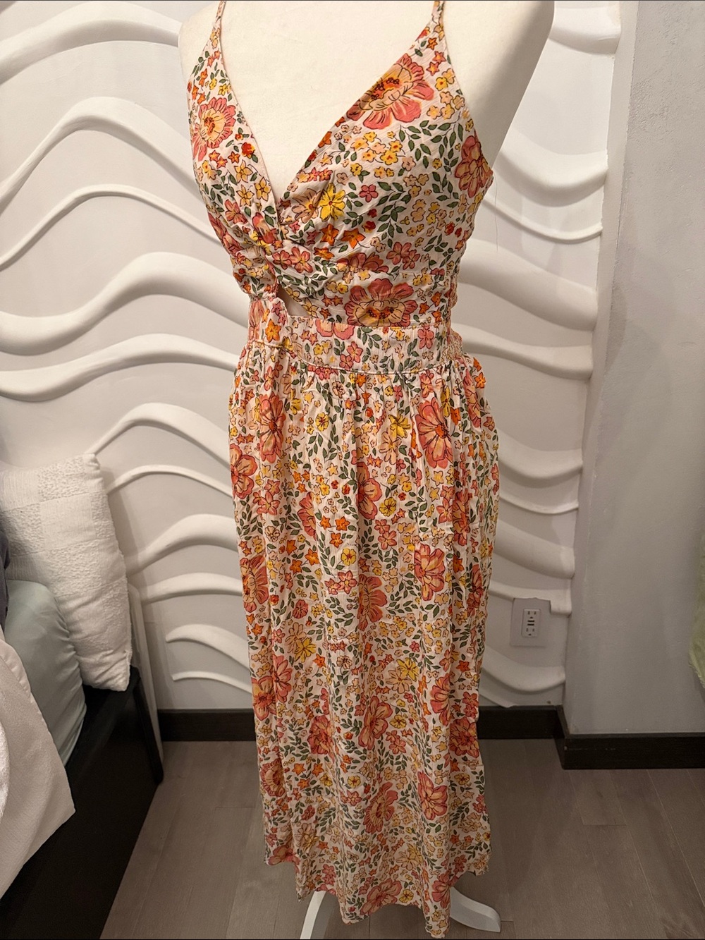 Angie Floral V-Neck Maxi Dress in Cream, Orange and Pink